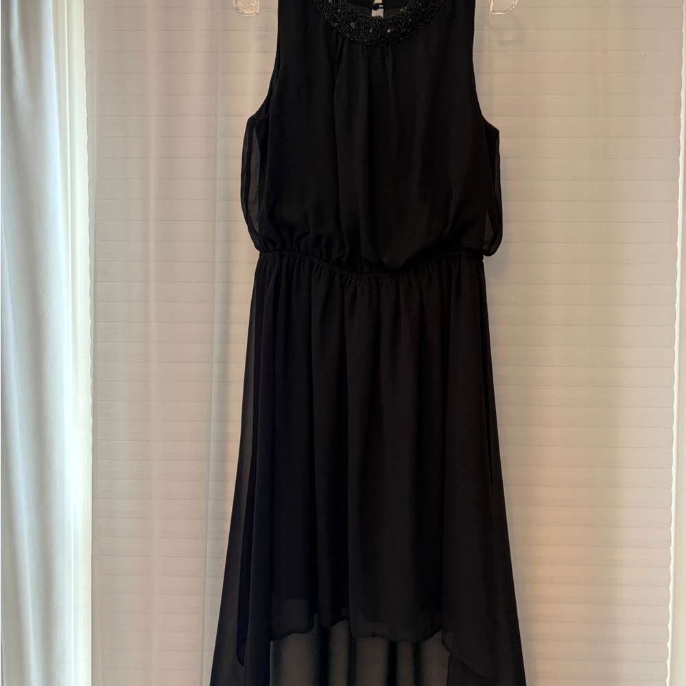 Soprano Black Sleeveless High-Low Dress with Beaded Neckline